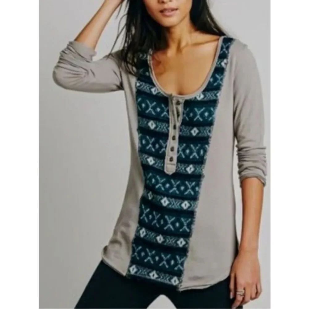 We The Free Gray Long Sleeve Thermal Top with Navy & Green Embroidered Panel